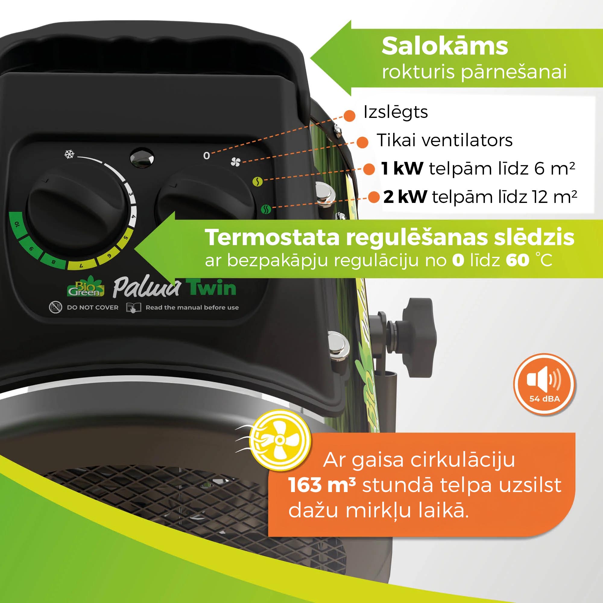 Siltumnīcas sildītājs “Palma Twin” ar digitālo termostatu 1000W/2000W