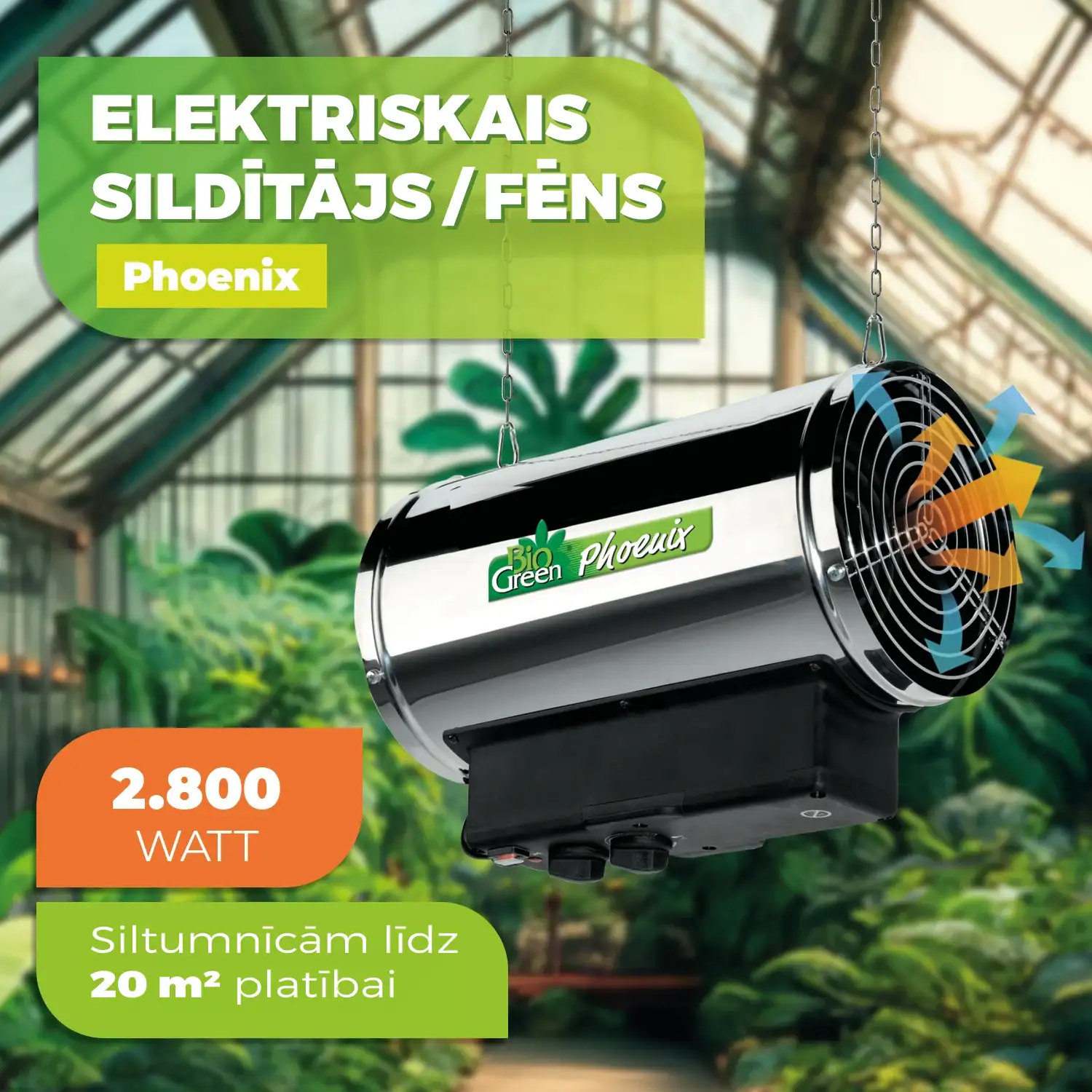 Siltumnīcas sildītājs “Phoenix” ar 3 jaudas līmeņiem līdz 2800 W un 460 m³/h gaisa cirkulāciju