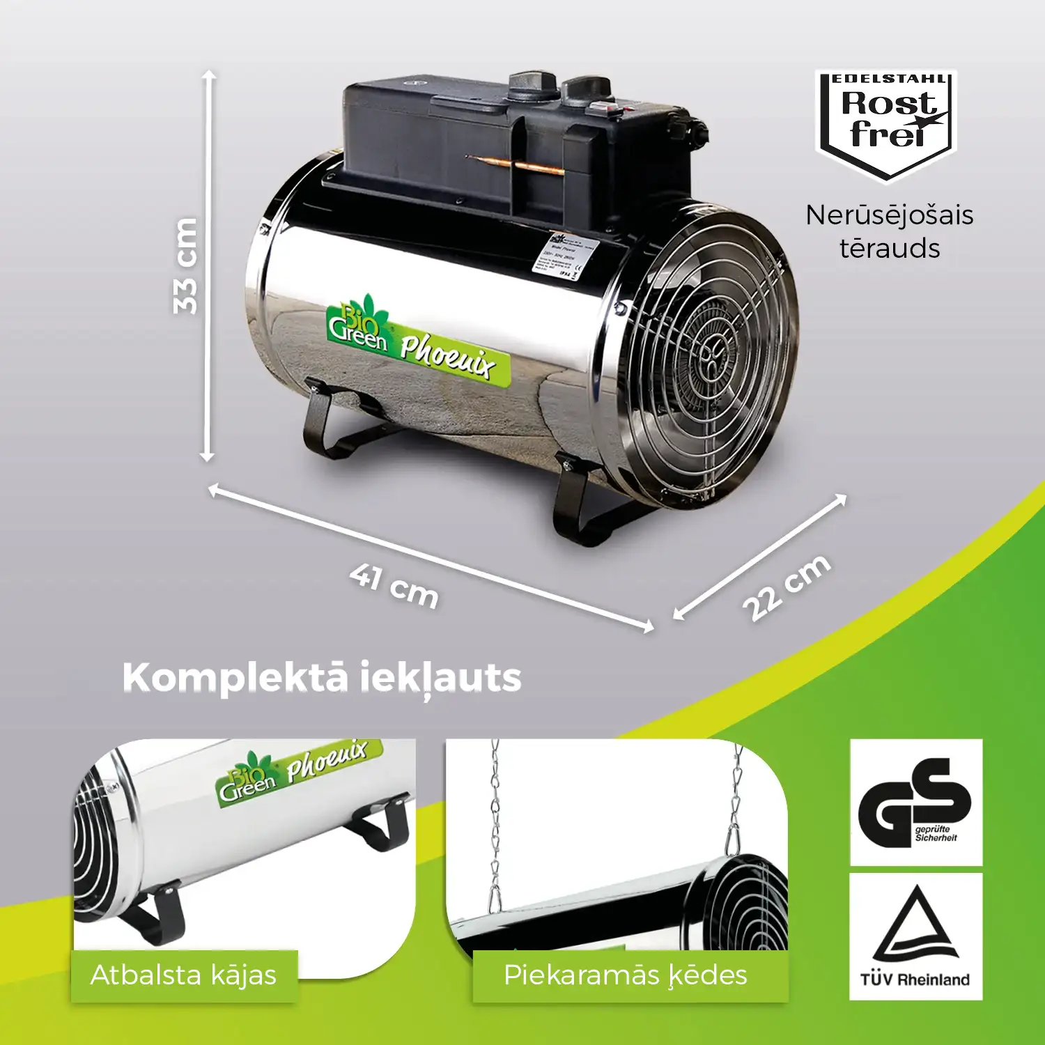 Siltumnīcas sildītājs “Phoenix” ar 3 jaudas līmeņiem līdz 2800 W un 460 m³/h gaisa cirkulāciju