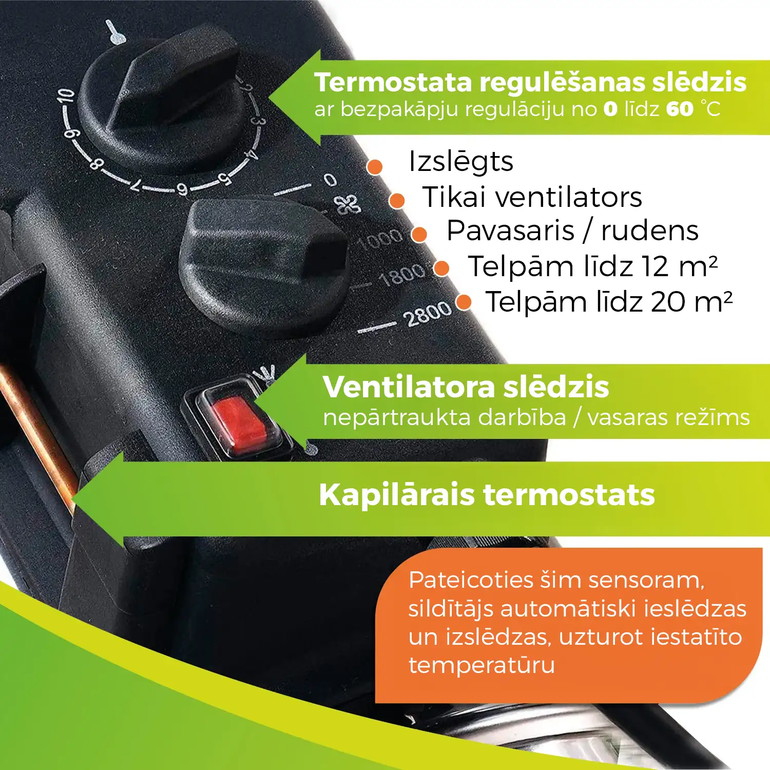 Siltumnīcas sildītājs “Phoenix” ar 3 jaudas līmeņiem līdz 2800 W un 460 m³/h gaisa cirkulāciju